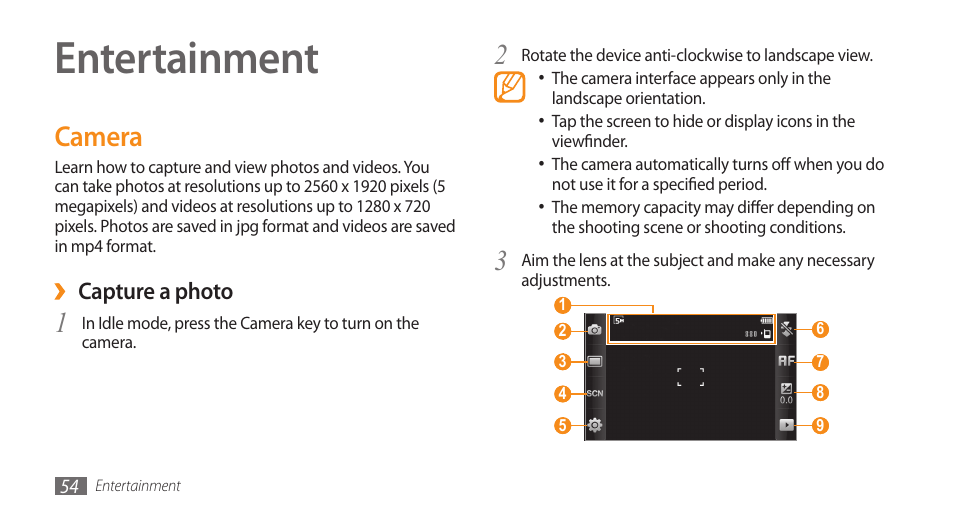 Entertainment, Camera | Samsung WAVE II GT-S8530 User Manual | Page 54 / 150