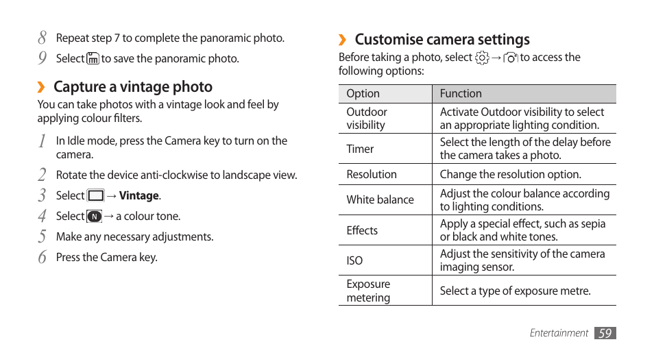 Customise camera settings, Capture a vintage photo | Samsung WAVE II GT-S8530 User Manual | Page 59 / 150
