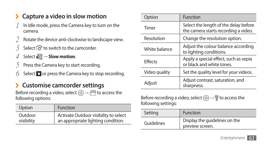 Capture a video in slow motion, Customise camcorder settings | Samsung WAVE II GT-S8530 User Manual | Page 63 / 150