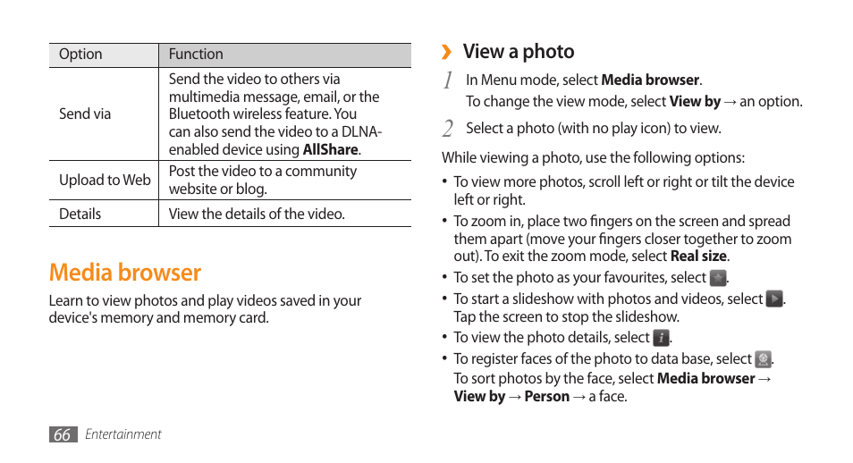 Media browser, View a photo | Samsung WAVE II GT-S8530 User Manual | Page 66 / 150