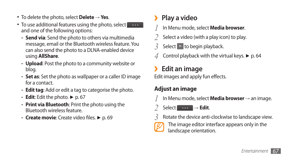 Play a video, Edit an image | Samsung WAVE II GT-S8530 User Manual | Page 67 / 150