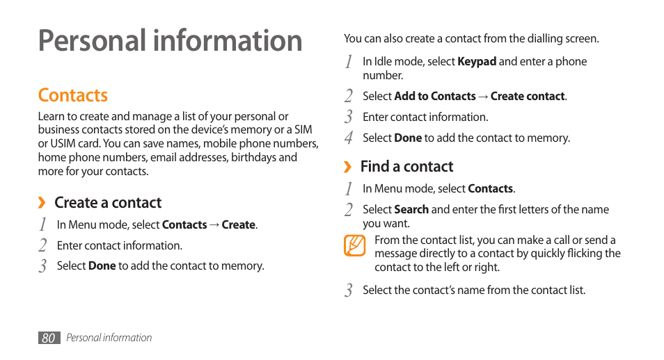Personal information, Contacts | Samsung WAVE II GT-S8530 User Manual | Page 80 / 150