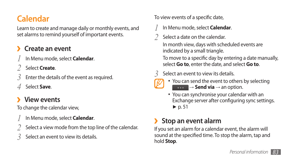 Calendar | Samsung WAVE II GT-S8530 User Manual | Page 83 / 150