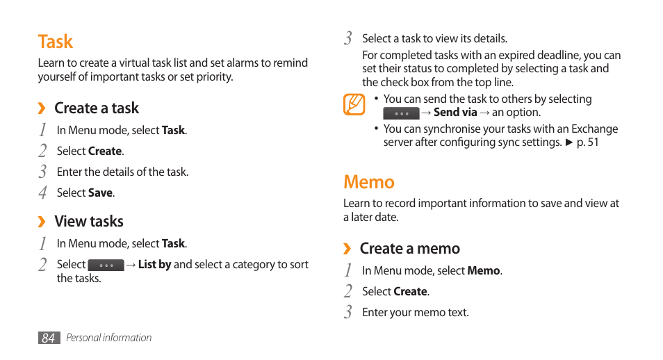 Task, Memo, Task memo | 3task | Samsung WAVE II GT-S8530 User Manual | Page 84 / 150
