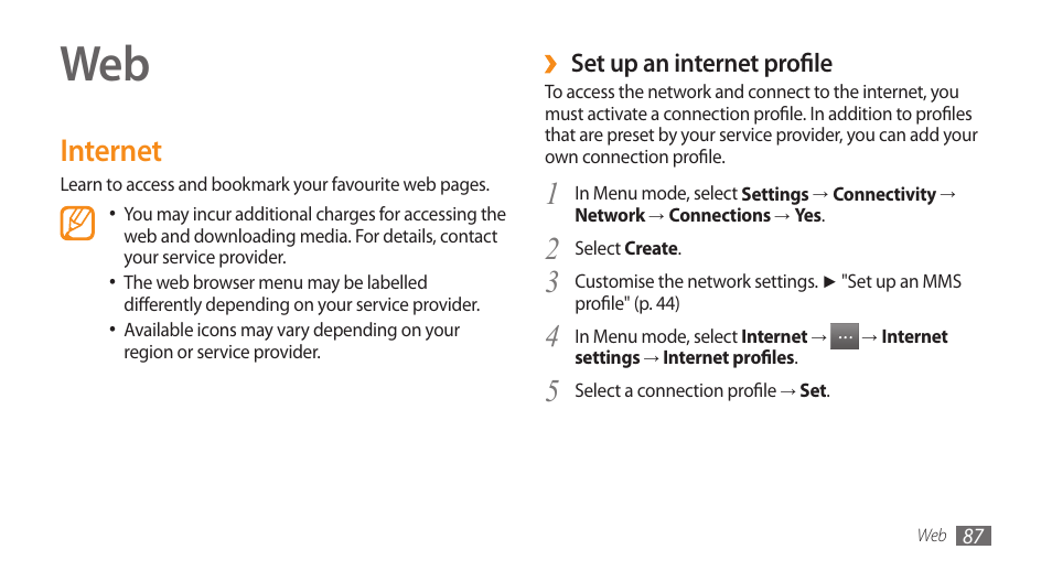 Internet, Set up an internet profile | Samsung WAVE II GT-S8530 User Manual | Page 87 / 150