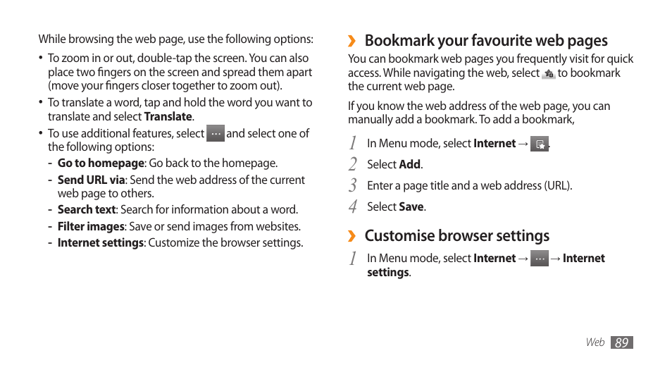 Bookmark your favourite web pages, Customise browser settings | Samsung WAVE II GT-S8530 User Manual | Page 89 / 150