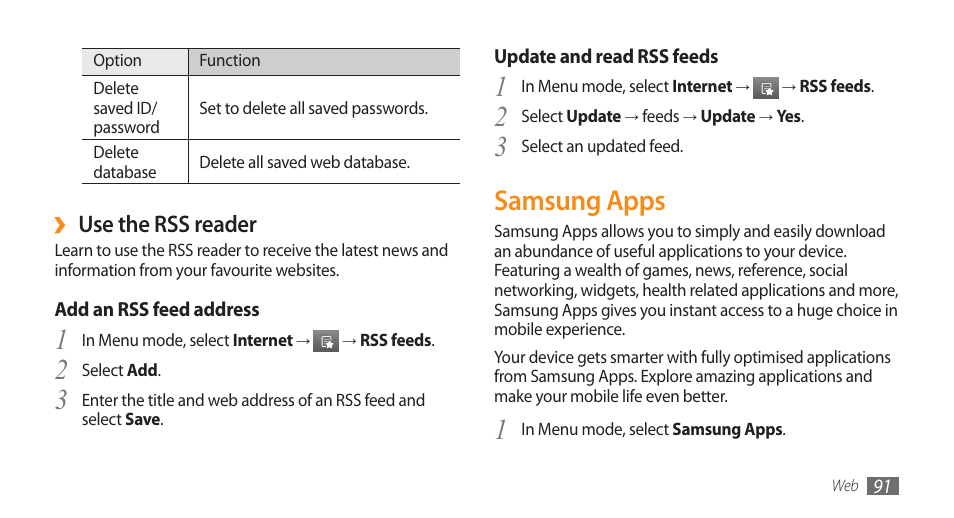 Samsung apps, 3samsung apps, Use the rss reader | Samsung WAVE II GT-S8530 User Manual | Page 91 / 150
