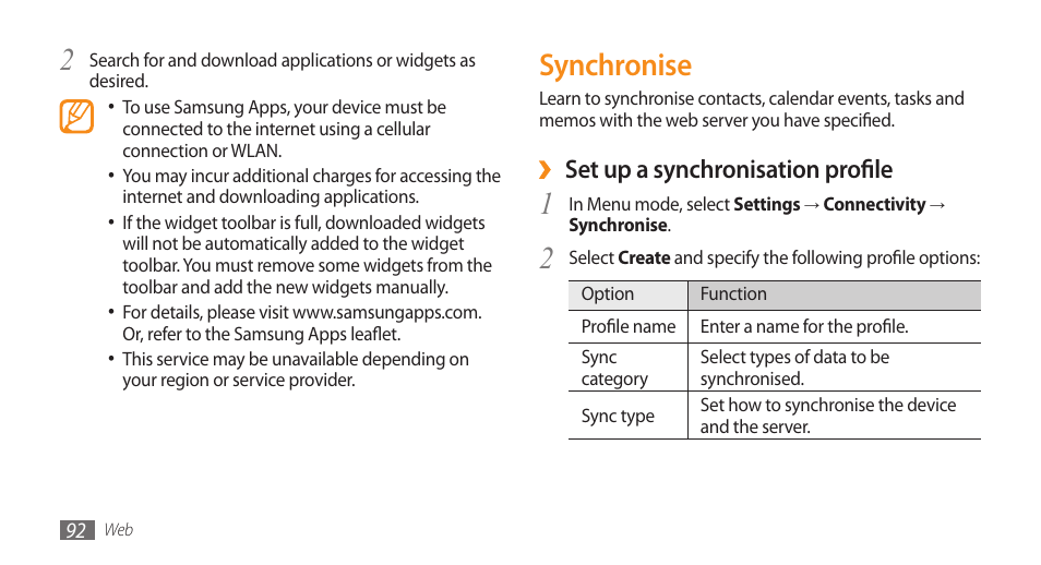 Synchronise, Set up a synchronisation profile | Samsung WAVE II GT-S8530 User Manual | Page 92 / 150