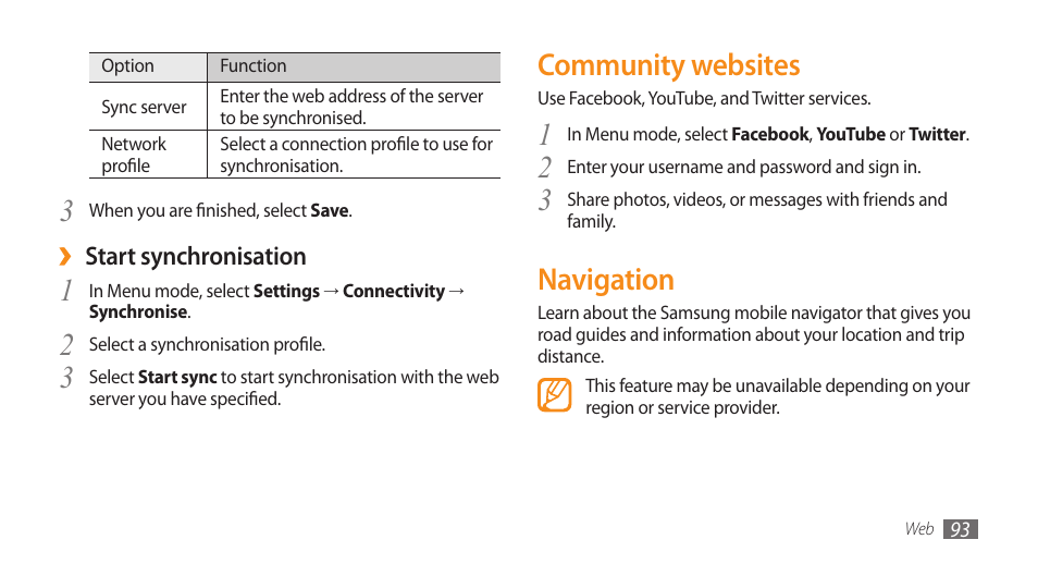 Community websites, Navigation, Community websites navigation | Samsung WAVE II GT-S8530 User Manual | Page 93 / 150