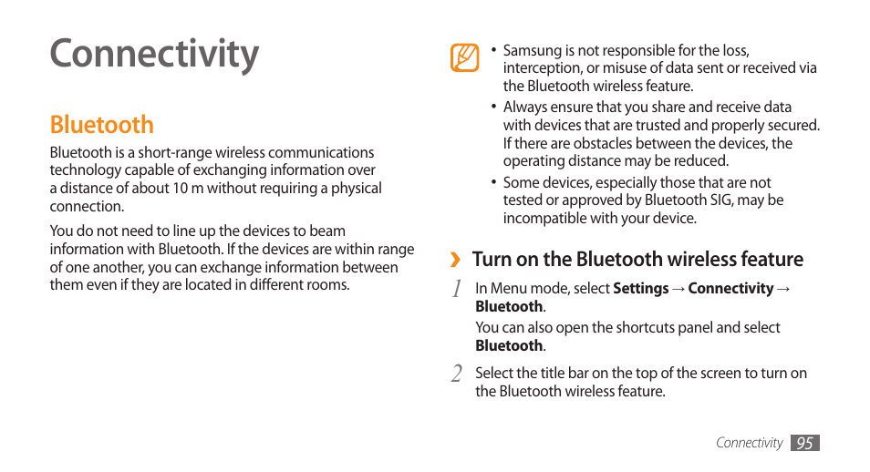Connectivity, Bluetooth | Samsung WAVE II GT-S8530 User Manual | Page 95 / 150