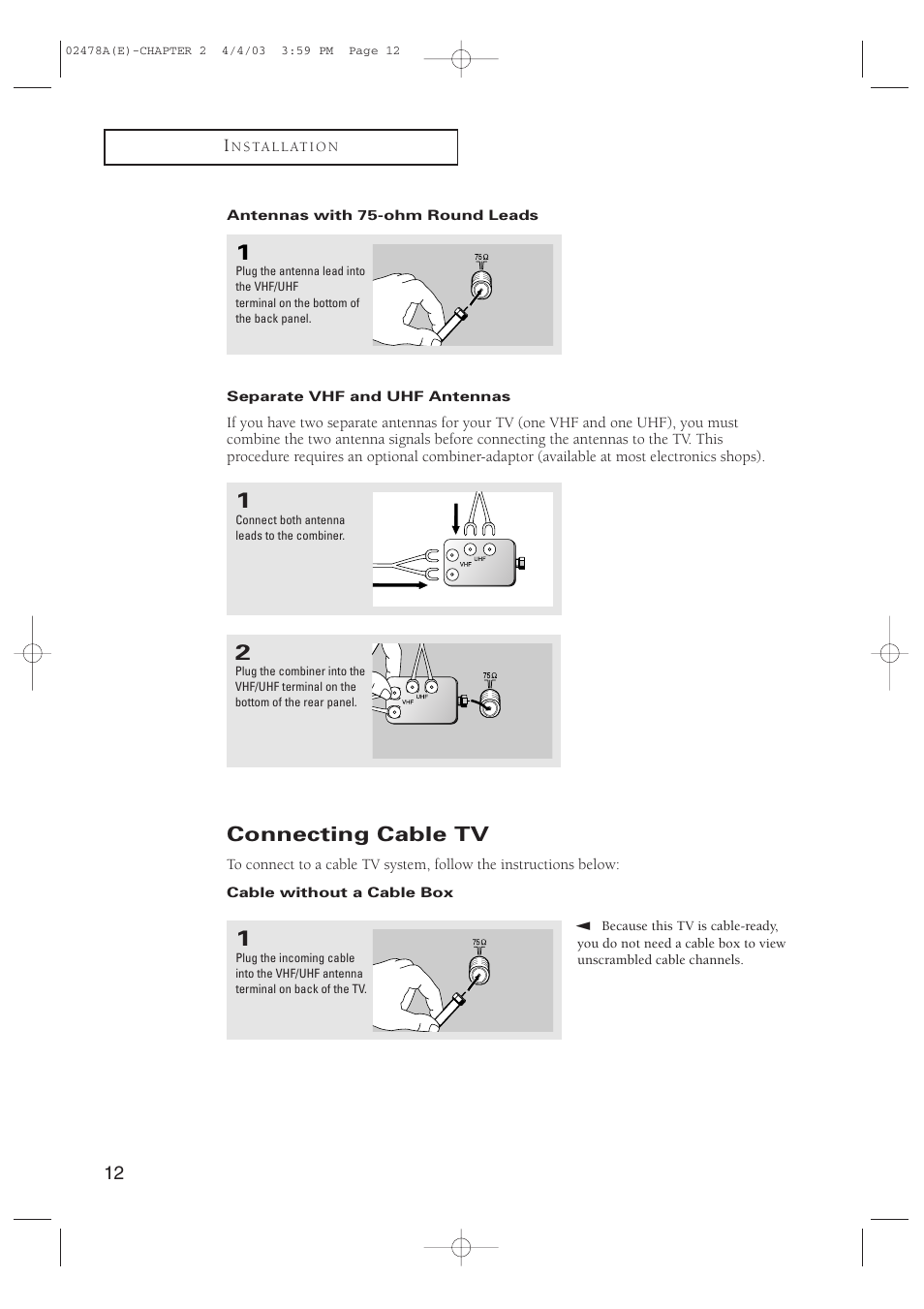 Connecting cable tv | Samsung CT-21K5W User Manual | Page 12 / 46