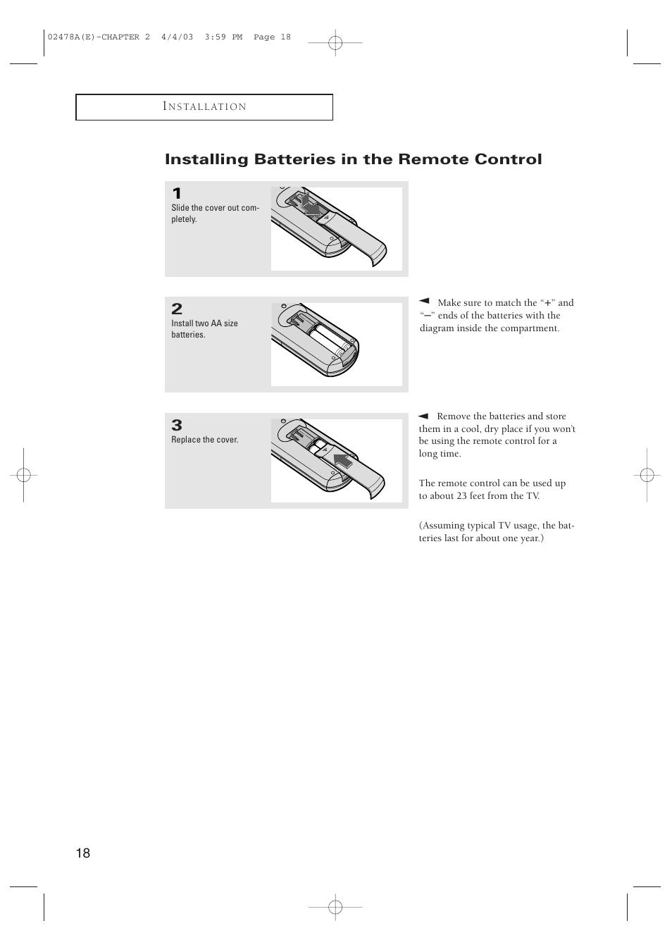 Installing batteries in the remote control | Samsung CT-21K5W User Manual | Page 18 / 46