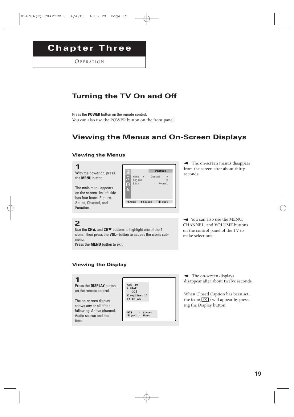 Turning the tv on and off, Viewing the menus and on-screen displays | Samsung CT-21K5W User Manual | Page 19 / 46