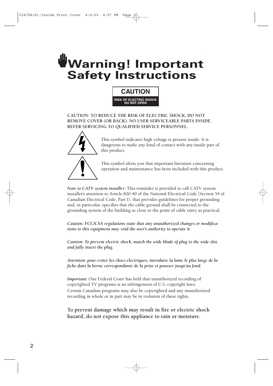 Warning! important safety instructions | Samsung CT-21K5W User Manual | Page 2 / 46