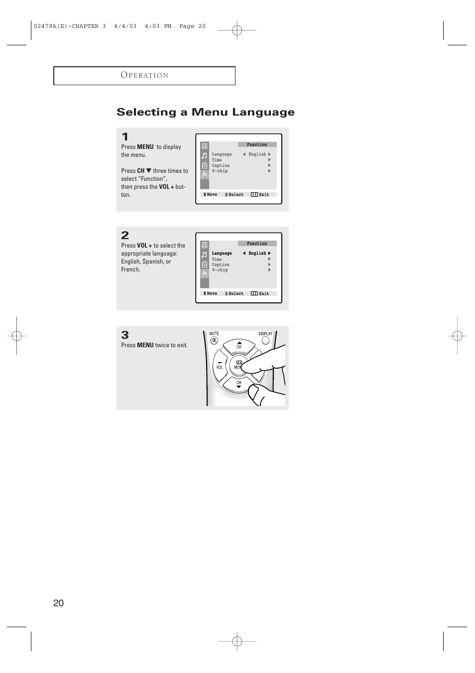 Selecting a menu language | Samsung CT-21K5W User Manual | Page 20 / 46