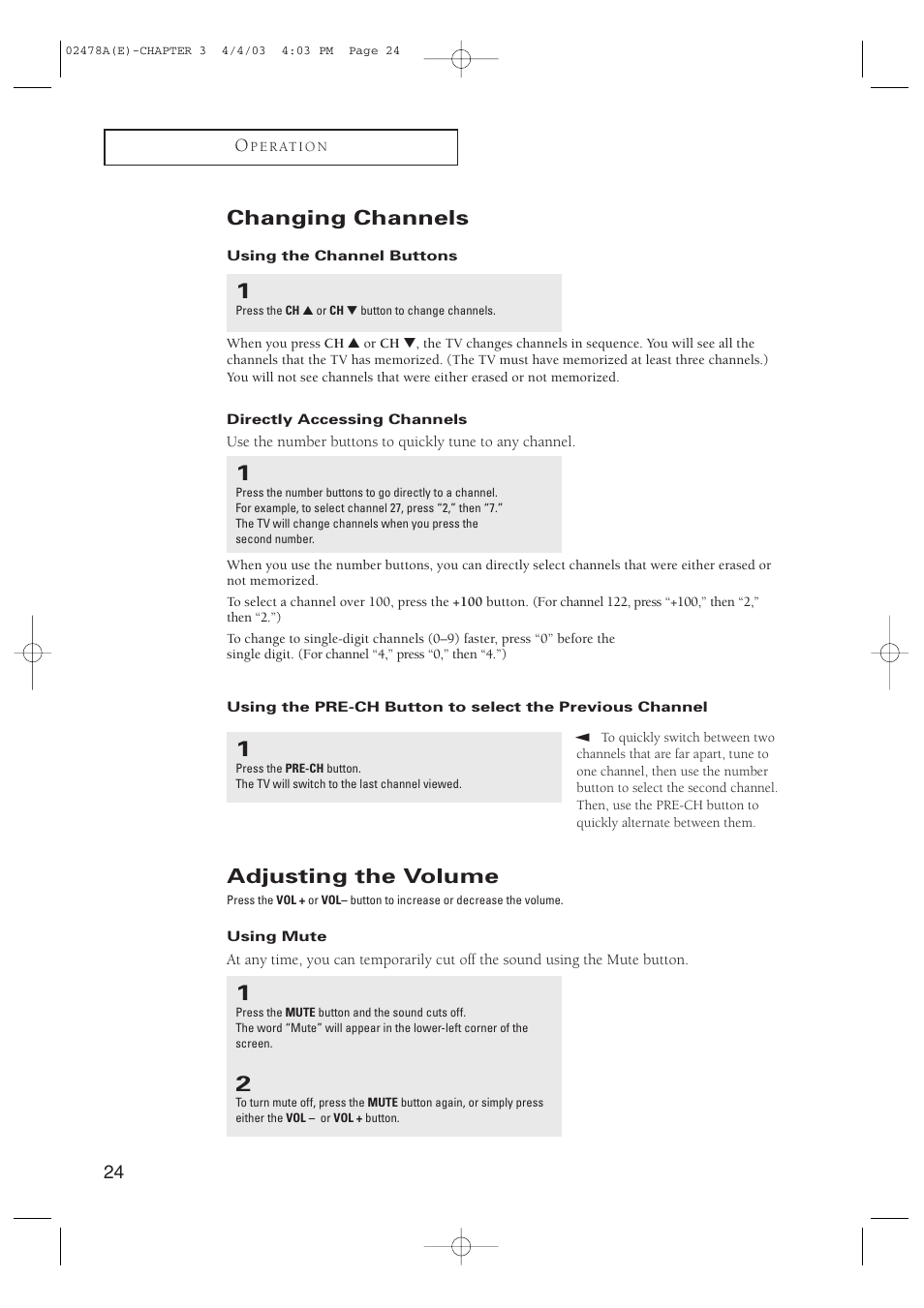 Changing channels, Adjusting the volume | Samsung CT-21K5W User Manual | Page 24 / 46