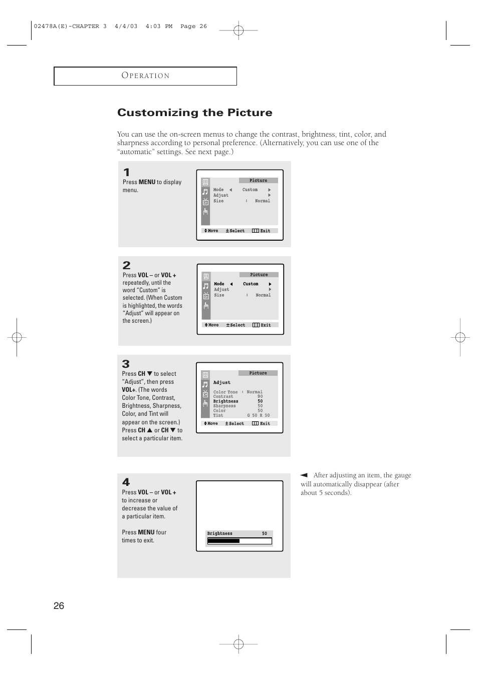 Customizing the picture | Samsung CT-21K5W User Manual | Page 26 / 46