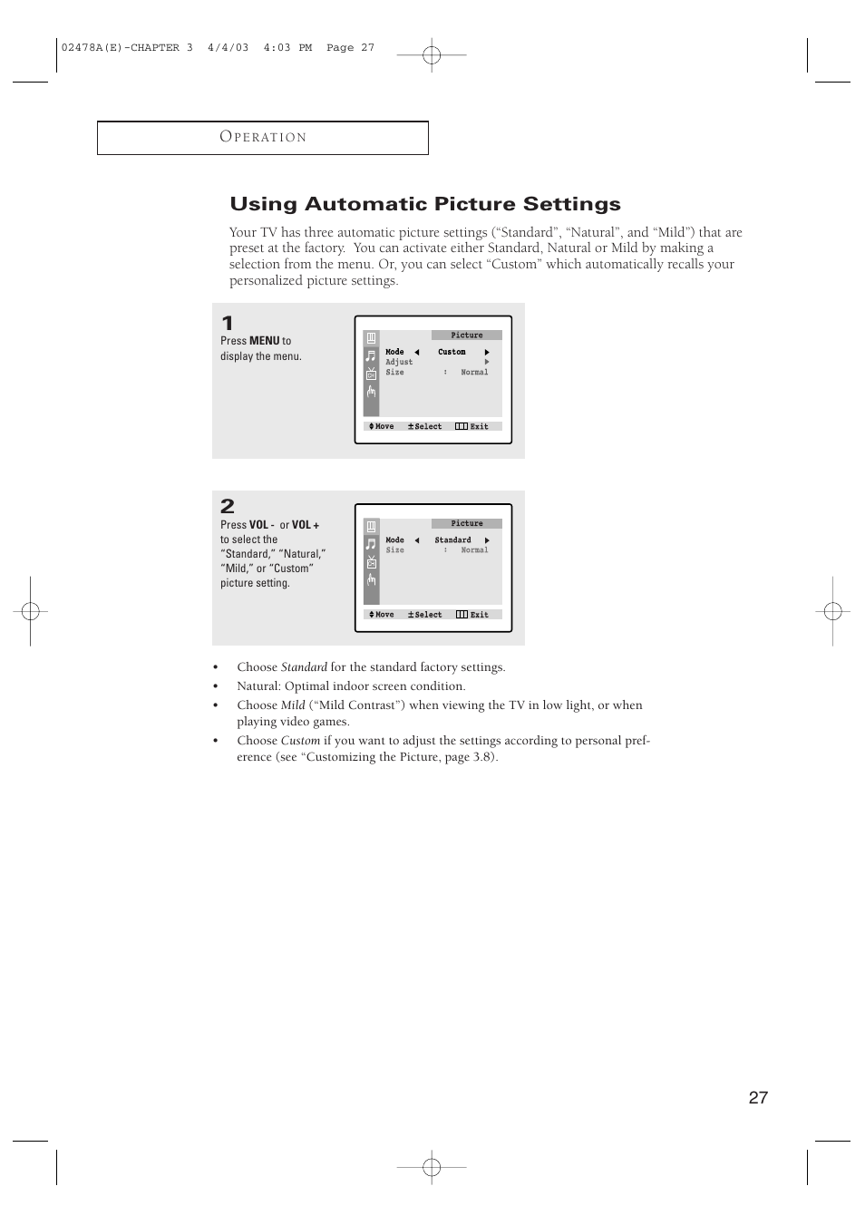 Using automatic picture settings | Samsung CT-21K5W User Manual | Page 27 / 46