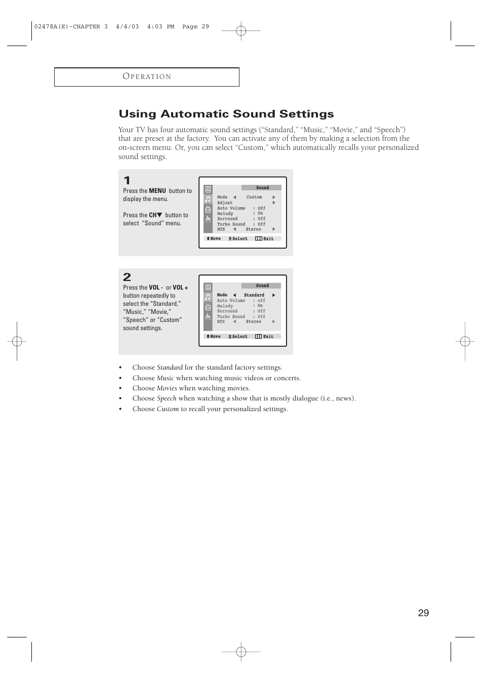 Using automatic sound settings | Samsung CT-21K5W User Manual | Page 29 / 46