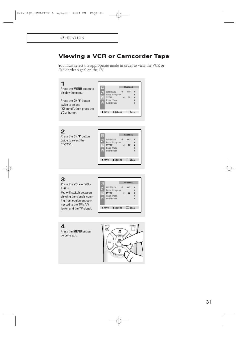 Viewing a vcr or camcorder tape | Samsung CT-21K5W User Manual | Page 31 / 46