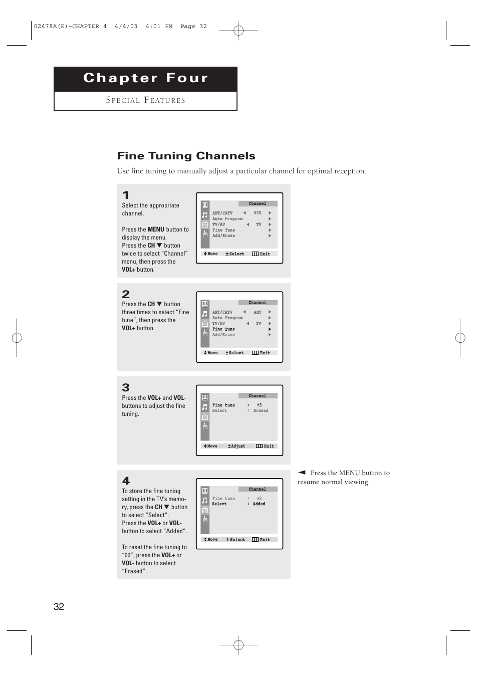 Fine tuning channels | Samsung CT-21K5W User Manual | Page 32 / 46