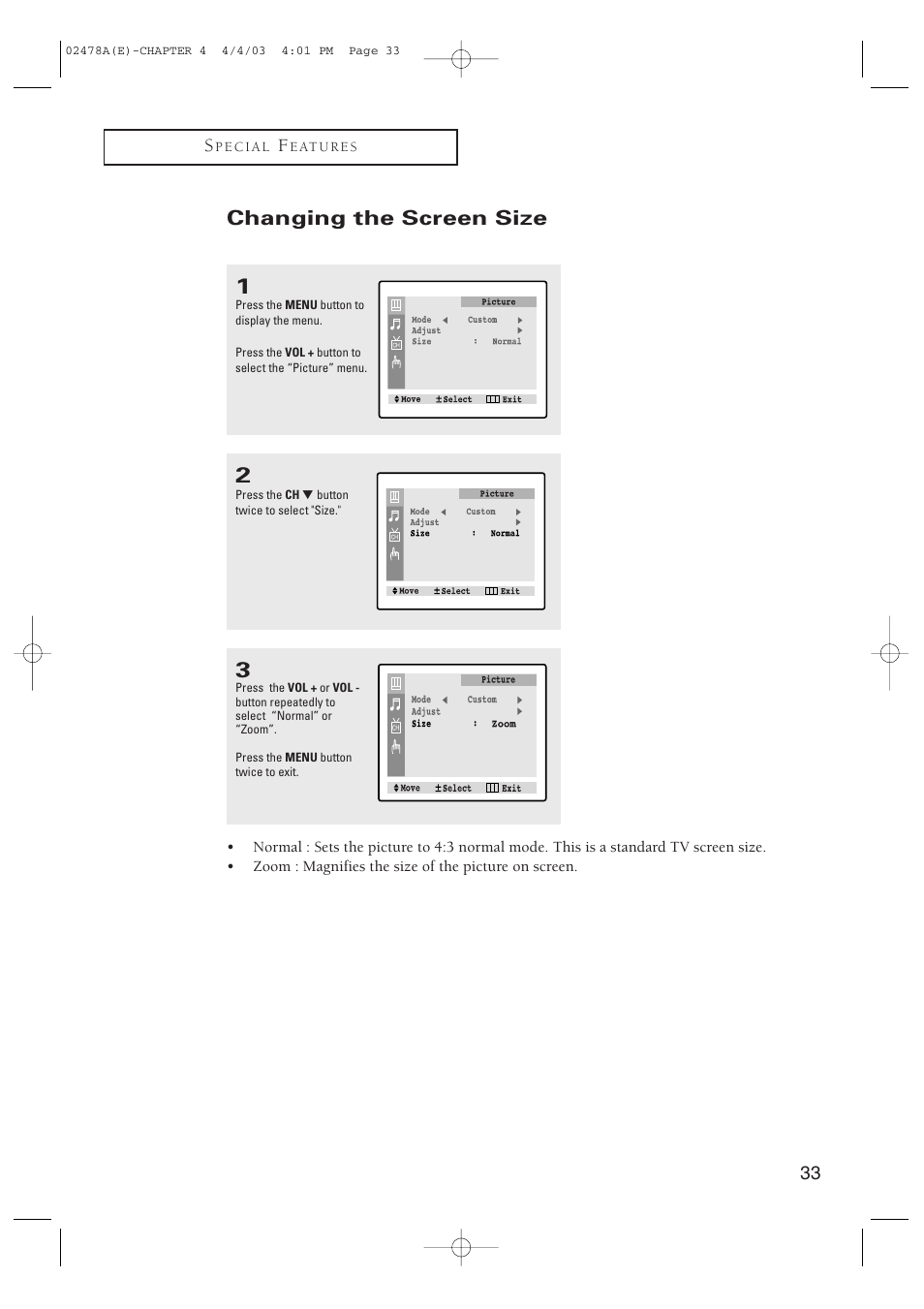 Changing the screen size | Samsung CT-21K5W User Manual | Page 33 / 46