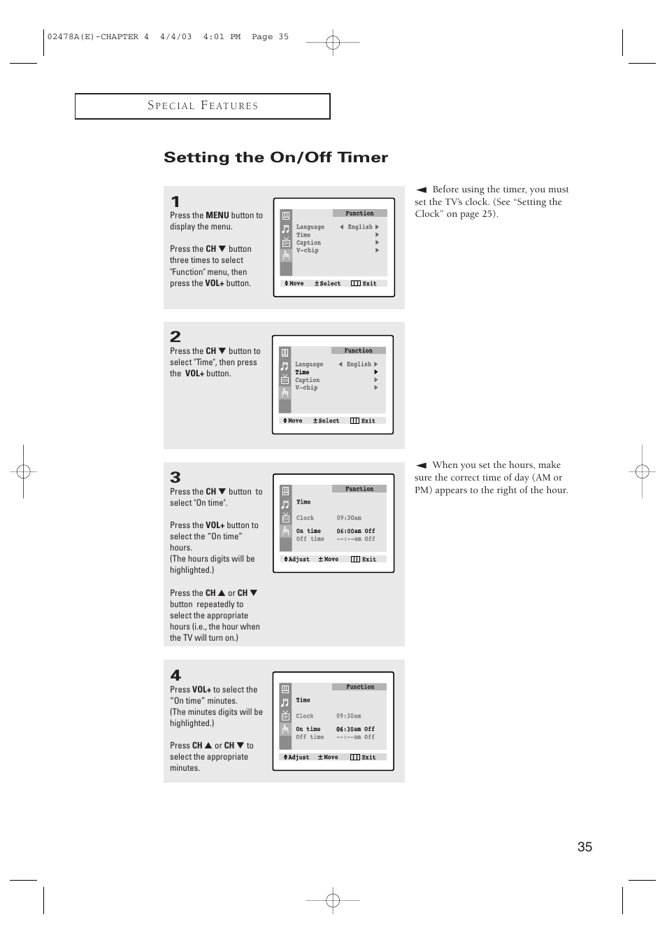 Setting the on/off timer, 35 s | Samsung CT-21K5W User Manual | Page 35 / 46
