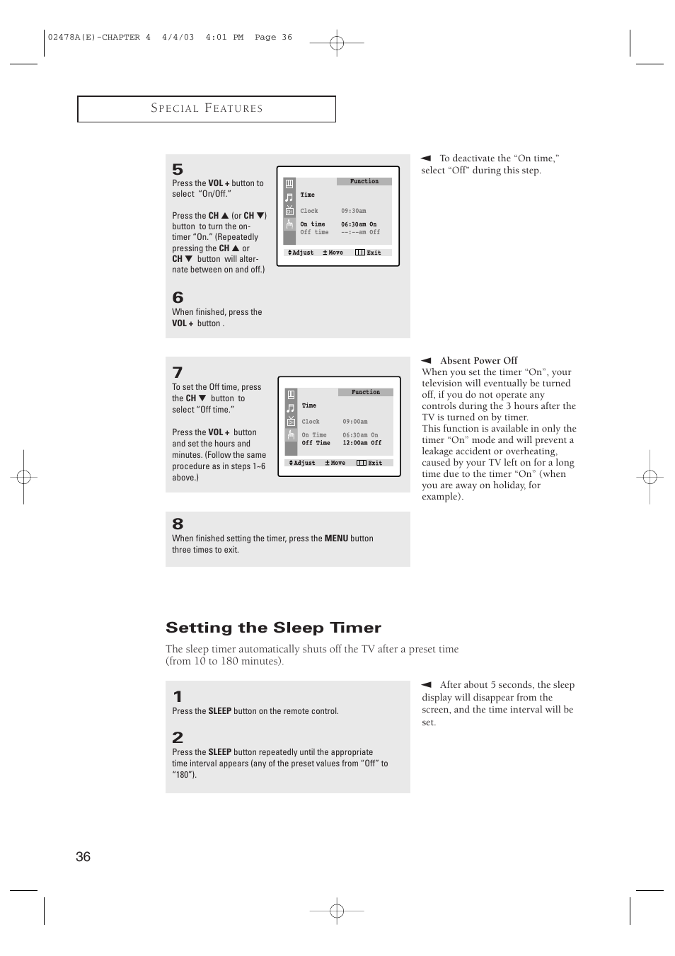 Setting the sleep timer, 36 s | Samsung CT-21K5W User Manual | Page 36 / 46