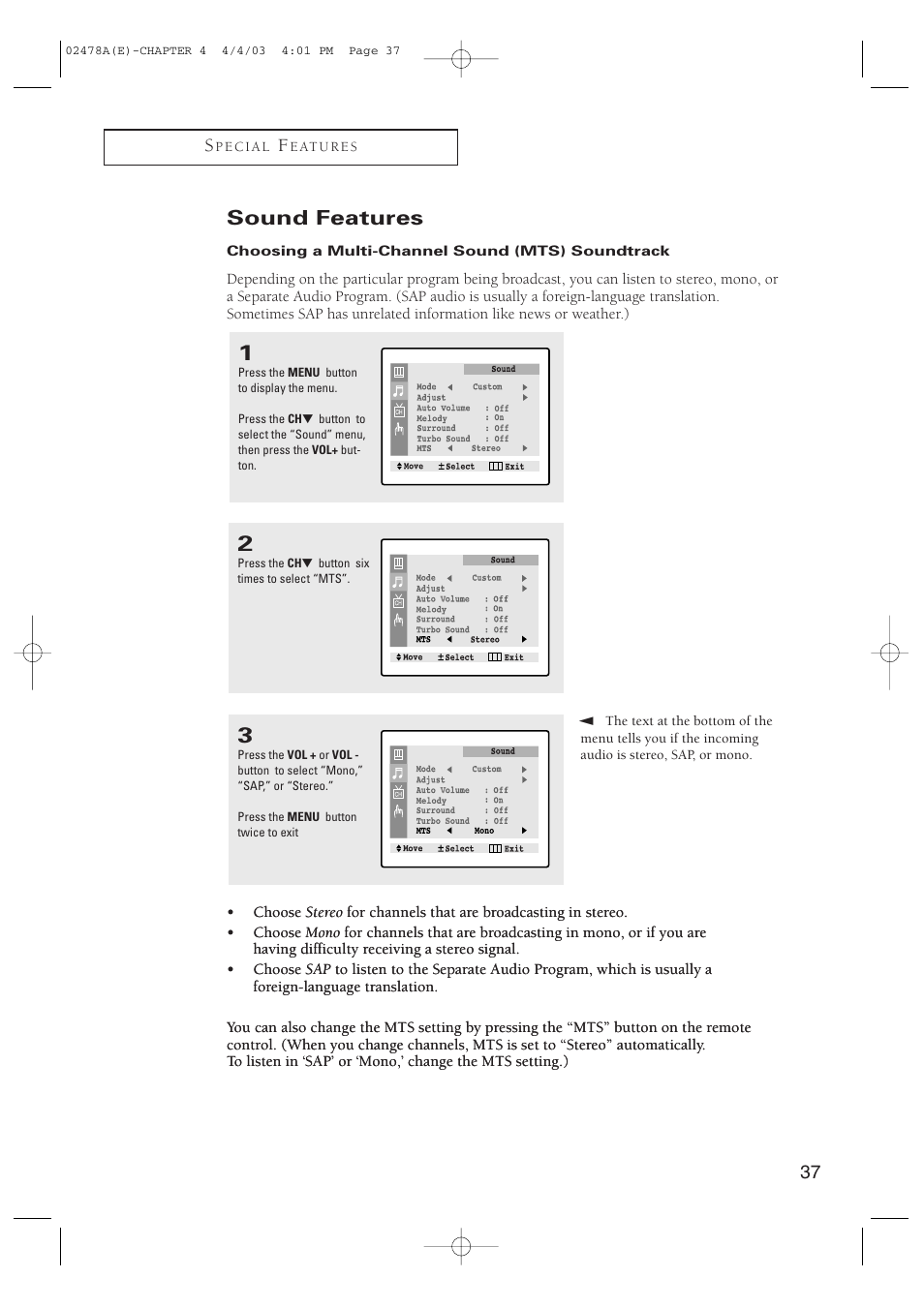 Sound features | Samsung CT-21K5W User Manual | Page 37 / 46