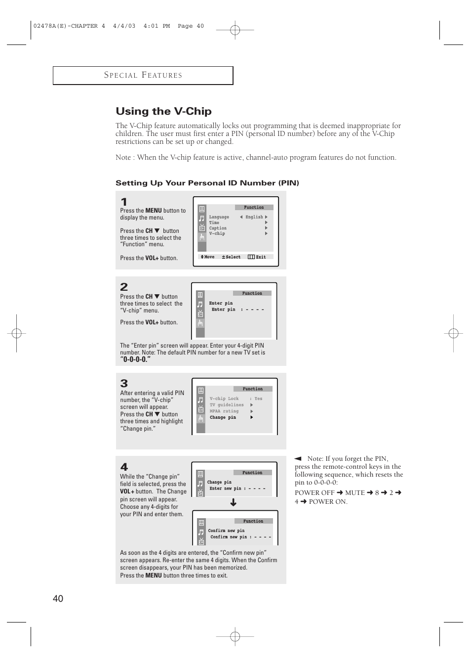Using the v-chip, 40 s | Samsung CT-21K5W User Manual | Page 40 / 46