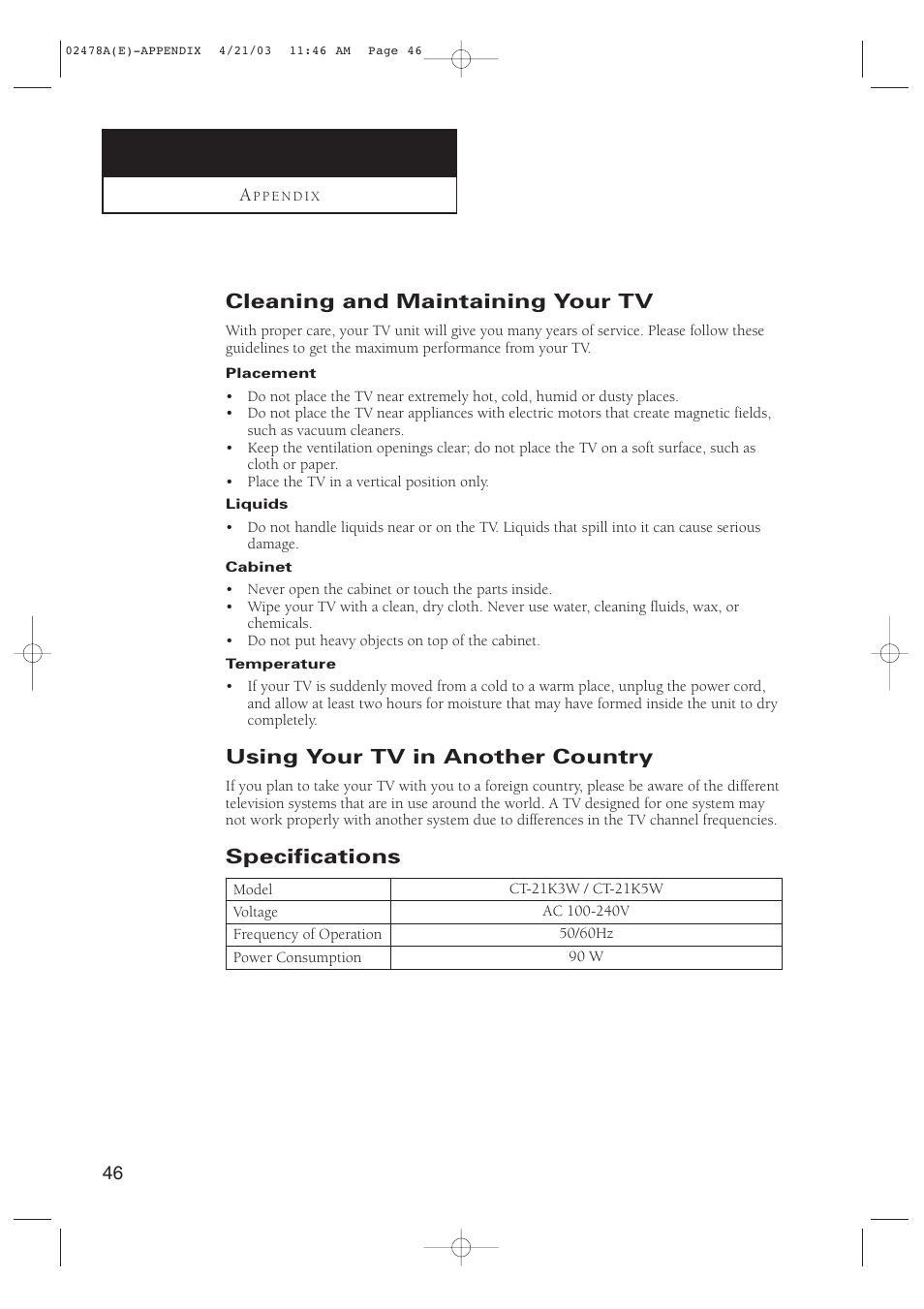 Cleaning and maintaining your tv, Using your tv in another country, Specifications | Samsung CT-21K5W User Manual | Page 46 / 46