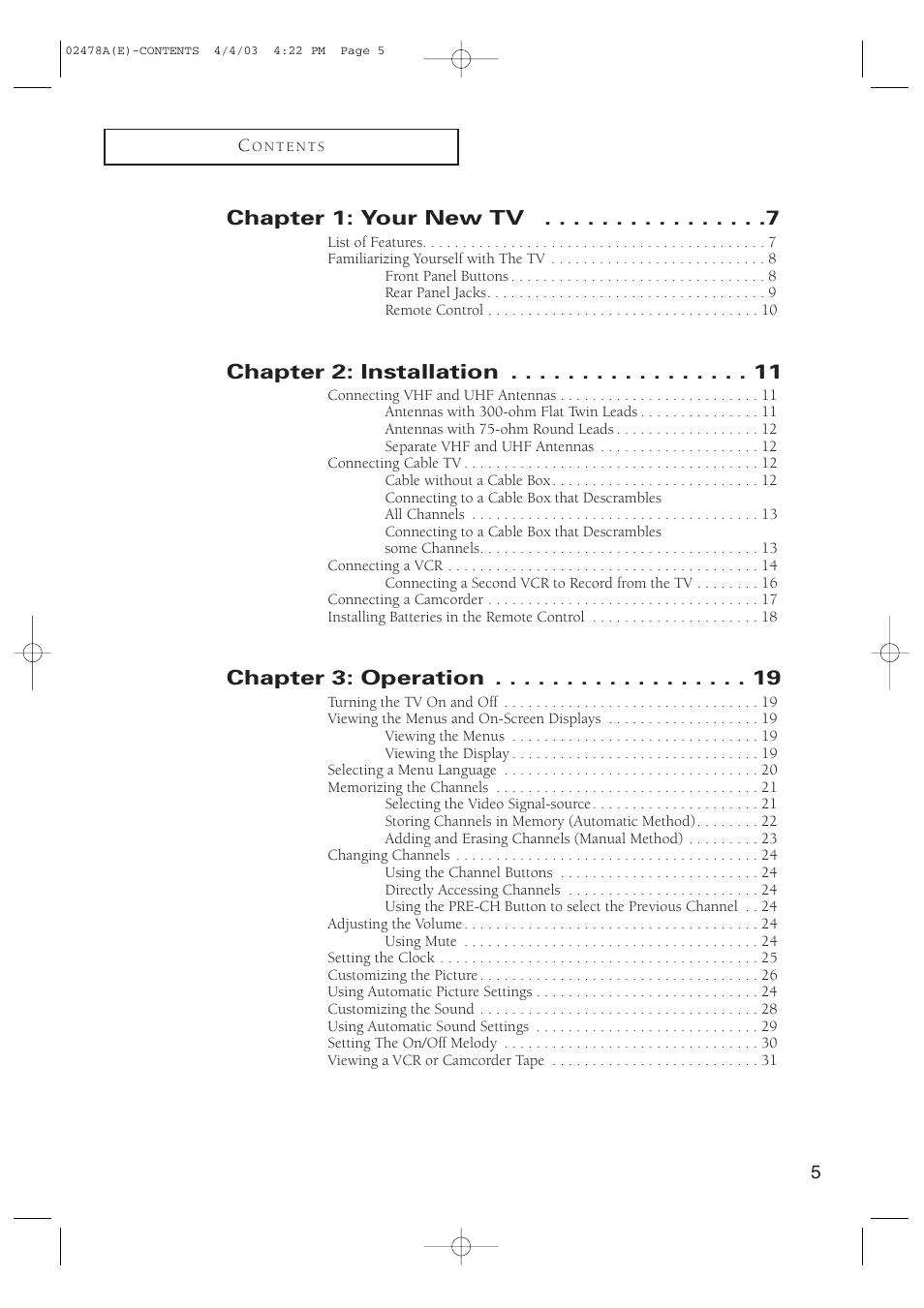 Chapter 1: your new tv, Chapter 2: installation, Chapter 3: operation | Samsung CT-21K5W User Manual | Page 5 / 46