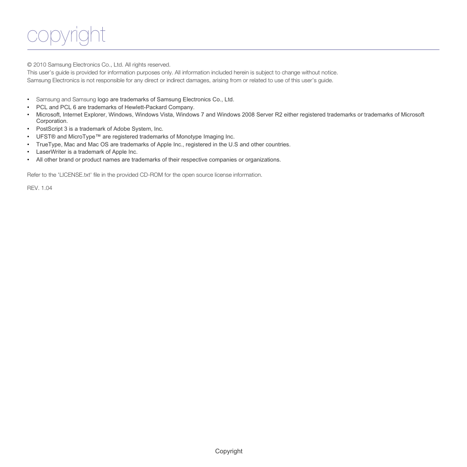 Copyright | Samsung ML-1860 User Manual | Page 2 / 70