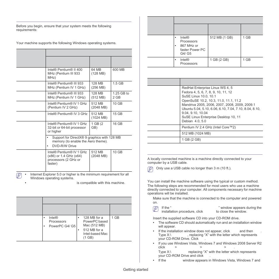 System requirements, Installing usb connected machine’s driver, Windows | Macintosh, Linux | Samsung ML-1860 User Manual | Page 23 / 70