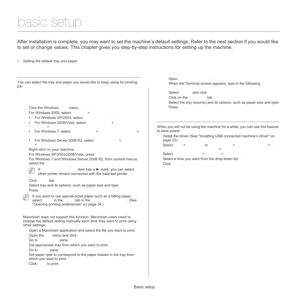 Basic setup, Setting the default tray and paper, Using the power saving feature | Samsung ML-1860 User Manual | Page 27 / 70