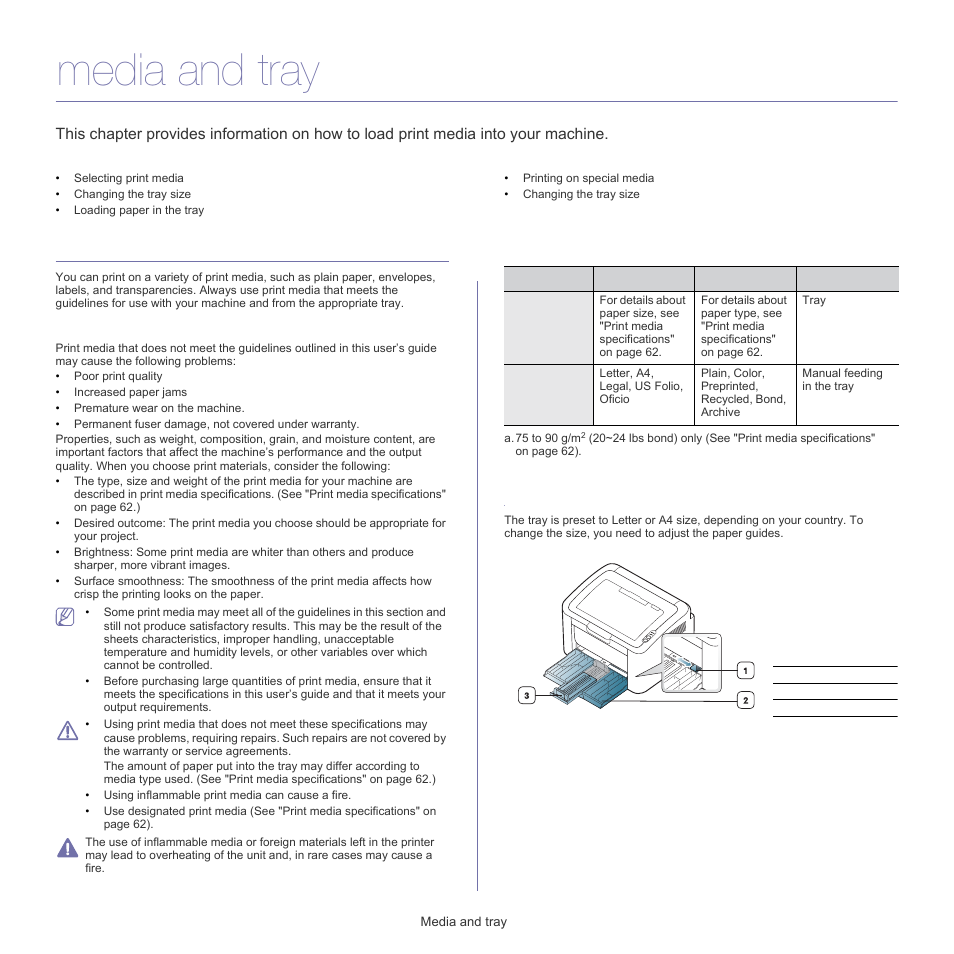 Media and tray, Selecting print media, Changing the tray size | Guidelines for selecting the print media, Media sizes supported in each mode | Samsung ML-1860 User Manual | Page 28 / 70