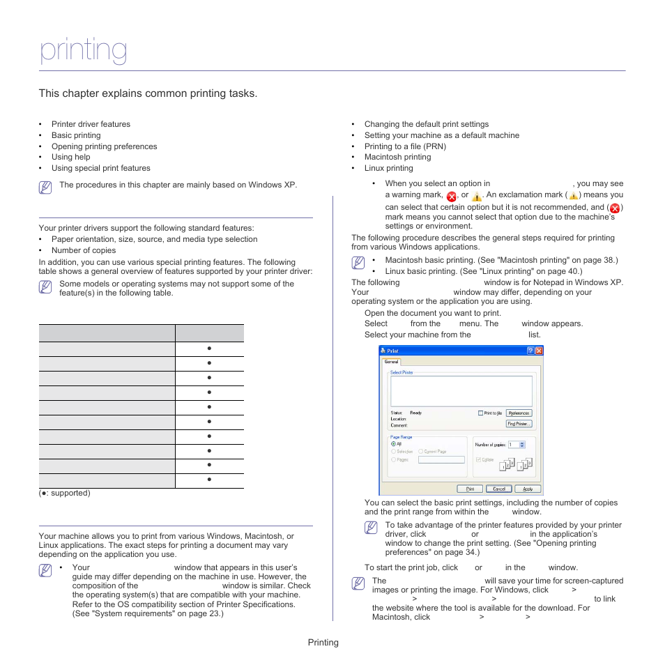 Printing, Printer driver features, Basic printing | This chapter explains common printing tasks, Printer driver | Samsung ML-1860 User Manual | Page 33 / 70
