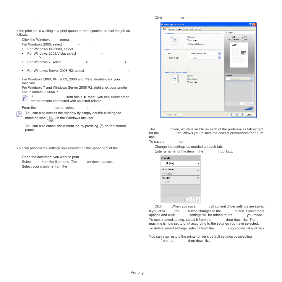 Opening printing preferences, Opening printing preferences" on, Opening printing | Canceling a print job, Using a favorite setting | Samsung ML-1860 User Manual | Page 34 / 70