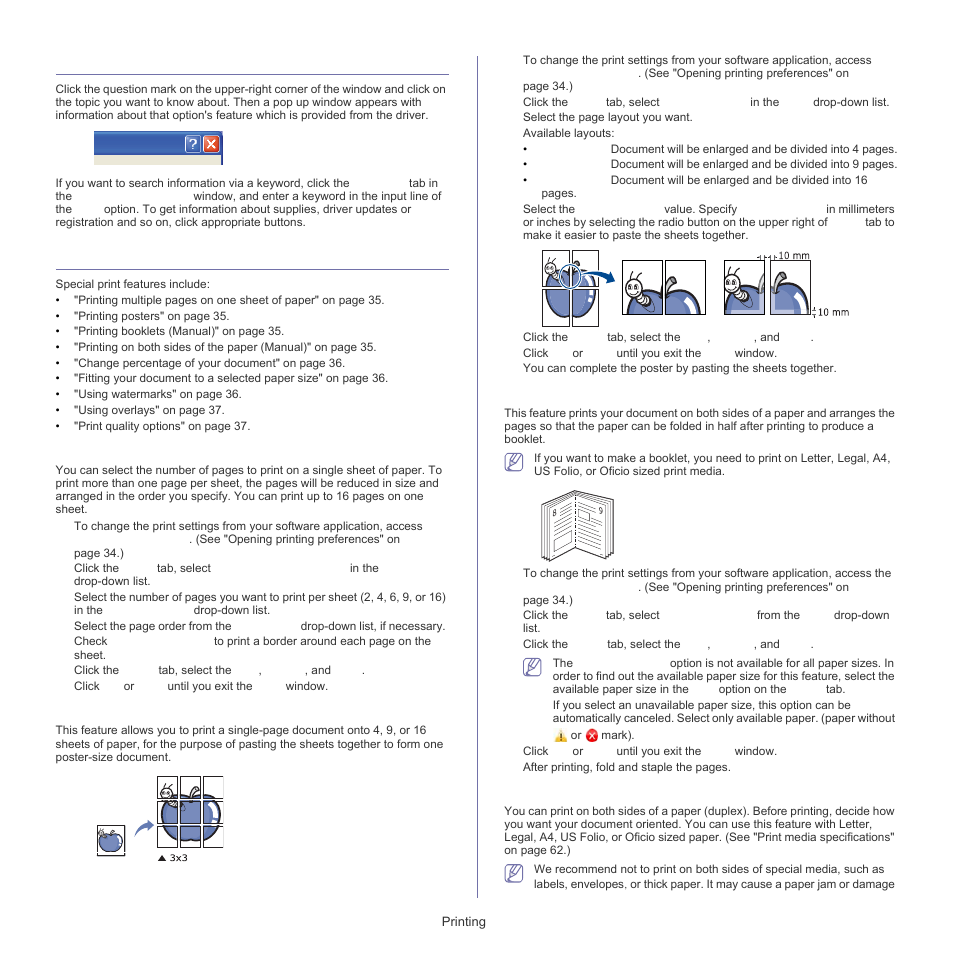 Using help, Using special print features, Printing on both sides of the paper (manual) | Printing multiple pages on one sheet of paper, Printing posters, Printing booklets (manual) | Samsung ML-1860 User Manual | Page 35 / 70