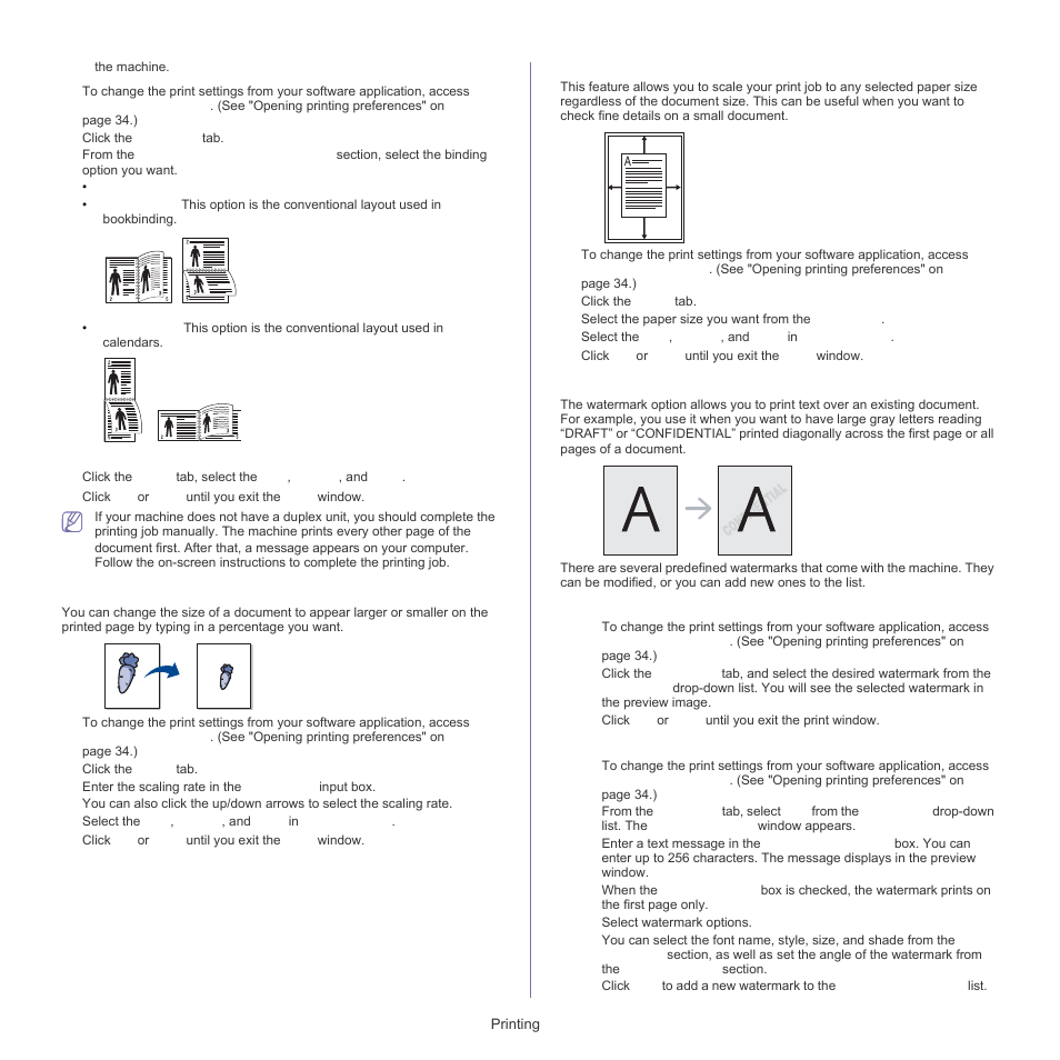 Using watermarks" on, Change percentage of your document, Fitting your document to a selected paper size | Using watermarks | Samsung ML-1860 User Manual | Page 36 / 70