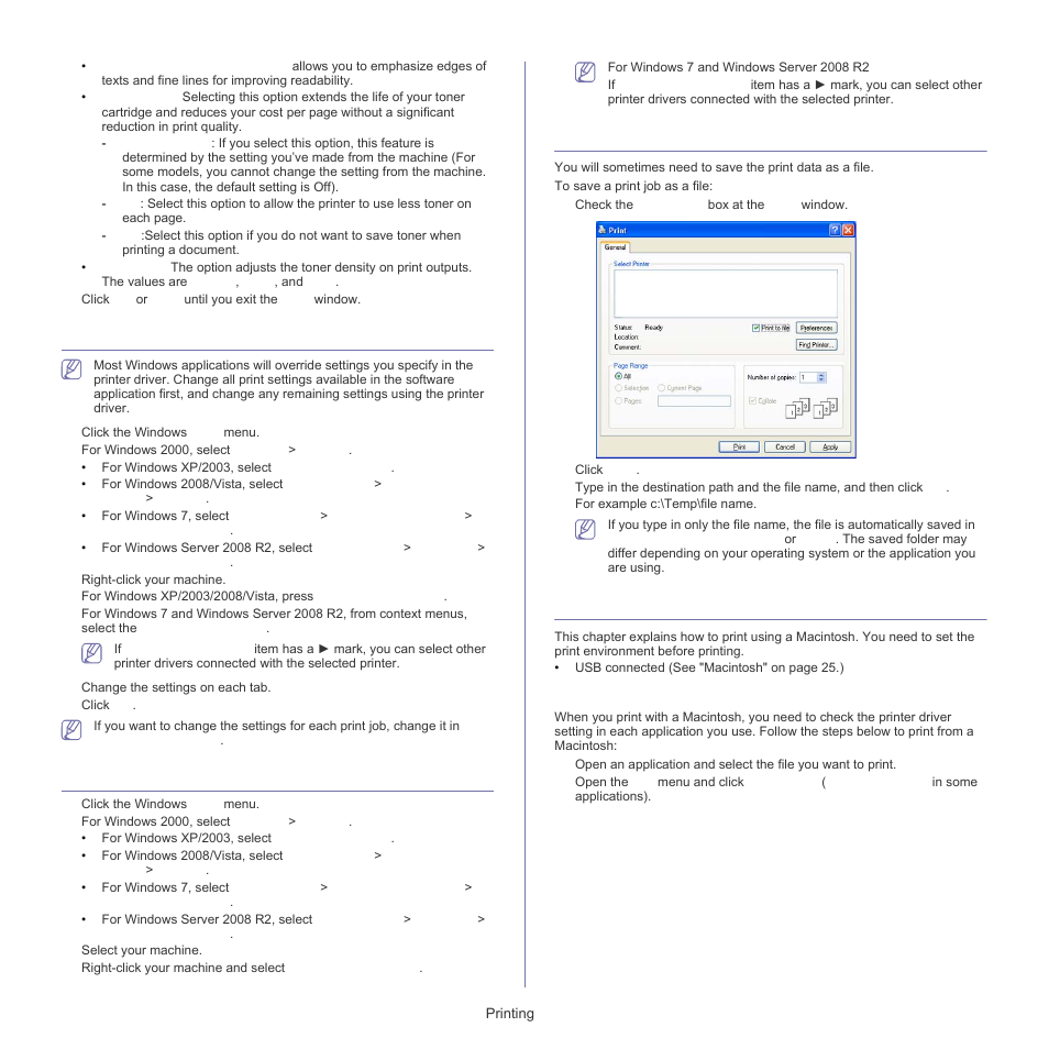 Changing the default print settings, Setting your machine as a default machine, Printing to a file (prn) | Macintosh printing, Printing a document | Samsung ML-1860 User Manual | Page 38 / 70