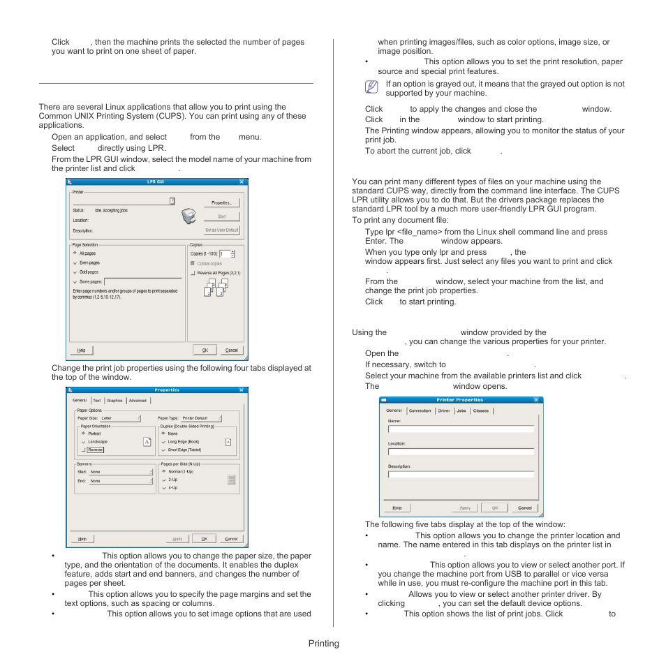 Linux printing, Printing from applications, Printing files | Configuring printer properties | Samsung ML-1860 User Manual | Page 40 / 70