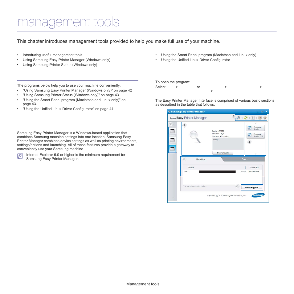 Management tools, Introducing useful management tools, Using samsung easy printer manager (windows only) | Understanding samsung easy printer manager | Samsung ML-1860 User Manual | Page 42 / 70