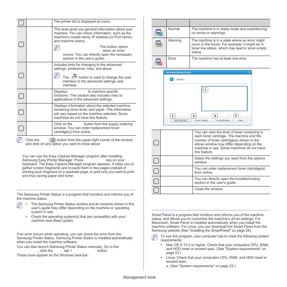Using samsung printer status (windows only), Samsung printer status overview, Using easy capture manager | Samsung ML-1860 User Manual | Page 43 / 70