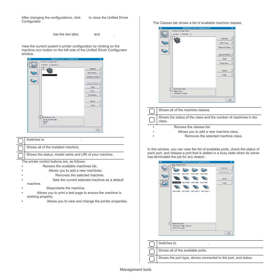 Printers configuration window, Ports configuration, Printers tab | Classes tab | Samsung ML-1860 User Manual | Page 45 / 70