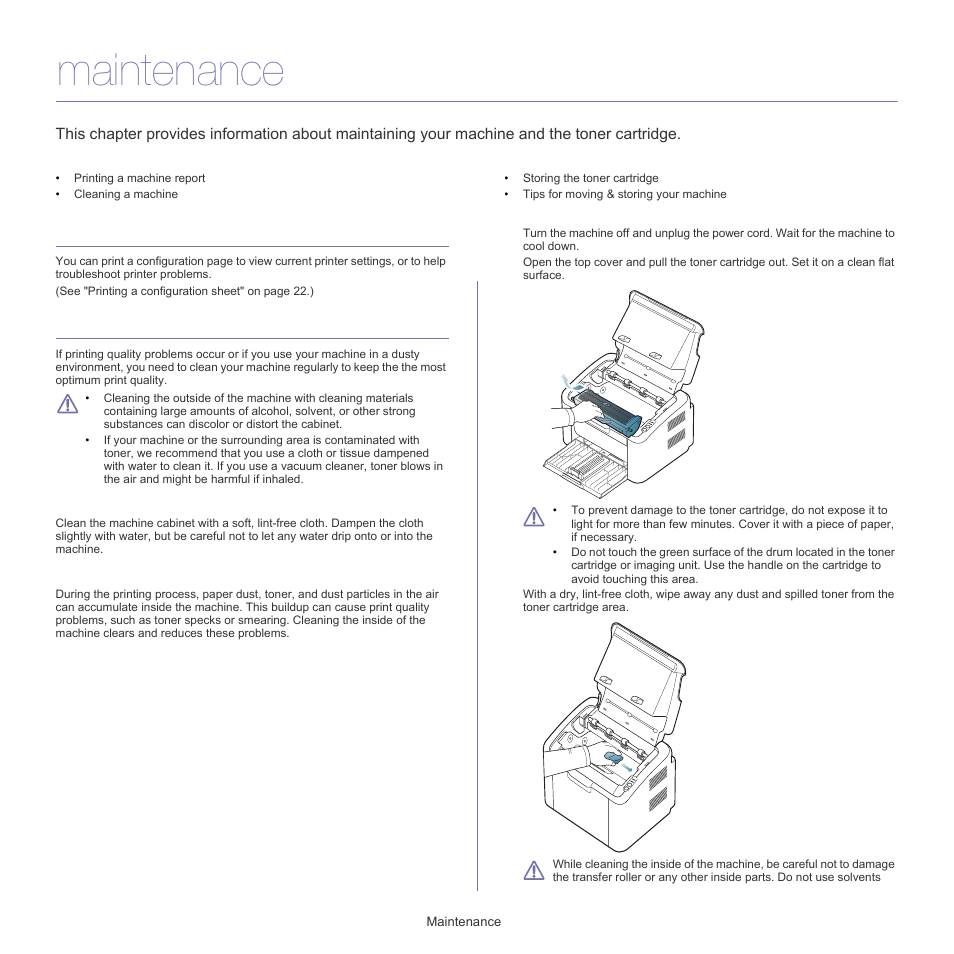 Maintenance, Printing a machine report, Cleaning a machine | Cleaning the outside, Cleaning the inside | Samsung ML-1860 User Manual | Page 47 / 70
