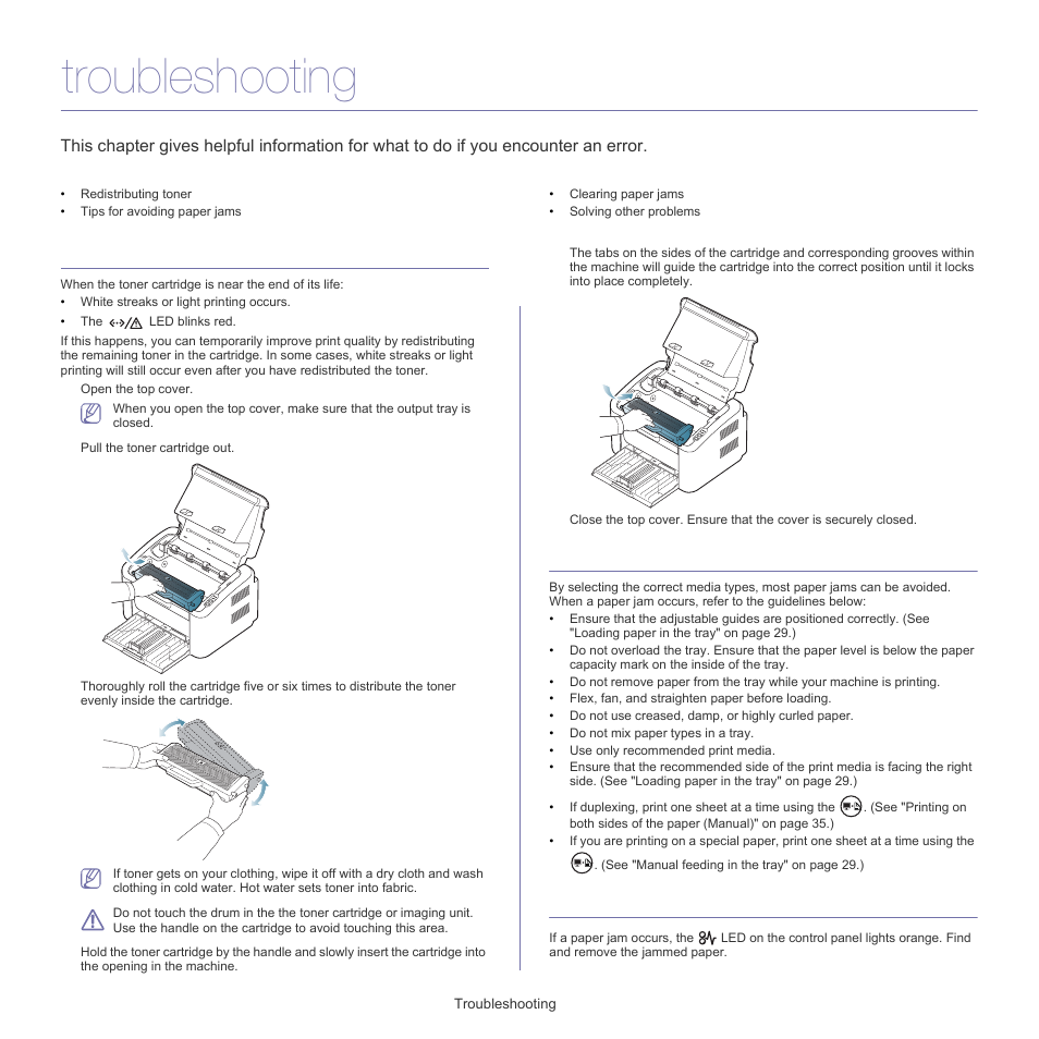 Troubleshooting, Redistributing toner, Tips for avoiding paper jams | Clearing paper jams, Clearing paper jams" on | Samsung ML-1860 User Manual | Page 49 / 70