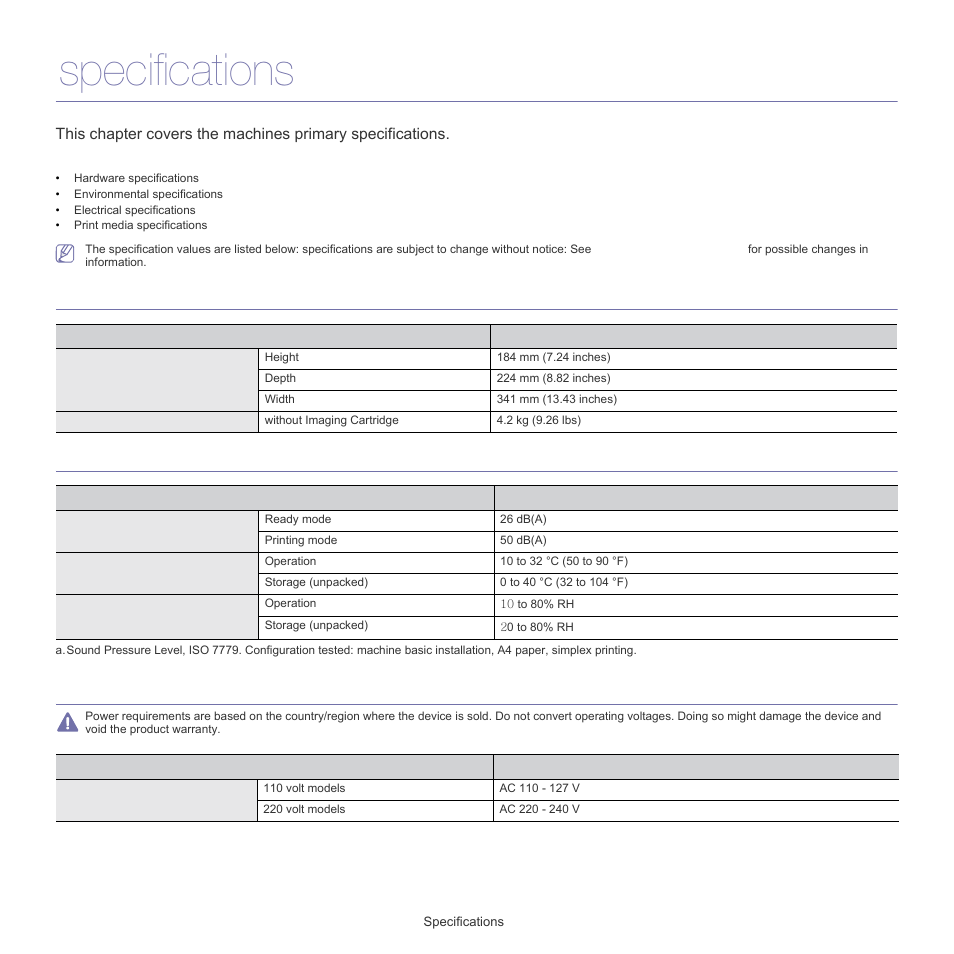 Specifications, Hardware specifications, Environmental specifications | Electrical specifications | Samsung ML-1860 User Manual | Page 60 / 70