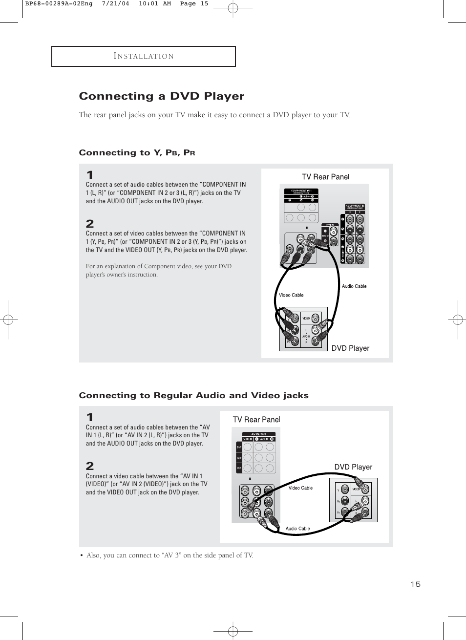 Connecting a dvd player, Connecting to y, pb, pr, Connecting to regular audio and video jacks | Samsung HC-P4752W User Manual | Page 15 / 71