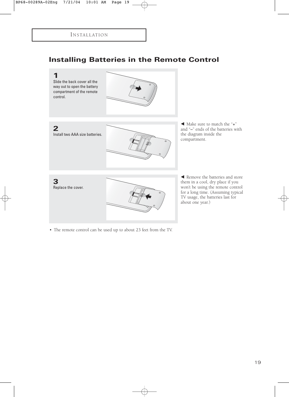 Installing batteries in the remote control | Samsung HC-P4752W User Manual | Page 19 / 71